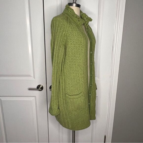 Sundance Long Button Front Chunky Knit Cardigan Green Size Small Petite Wool - Picture 2 of 6